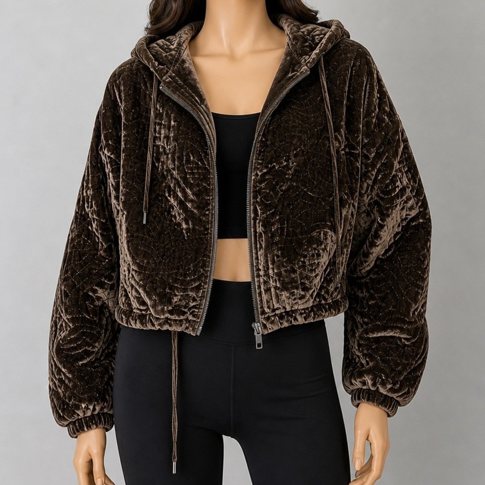 Silence +‎ Noise Womens Puffer Jacket Quilted Velvet Hooded Moss Brown XS/S